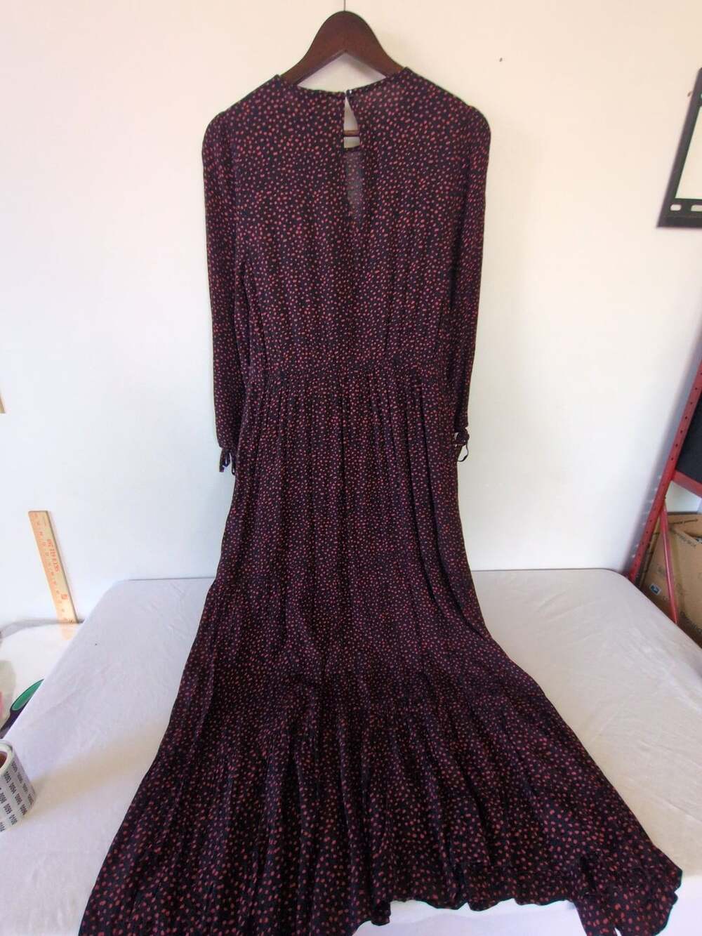 Free Assembly Tiered Maxi Dress Size XS Red Black Polka Dot Tie Sleeve - Picture 4 of 11